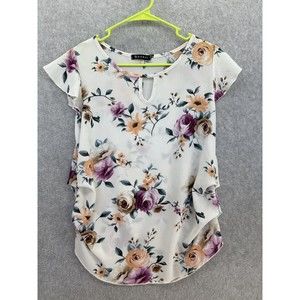 Kanji Women's Floral Blouse Keyhole Flutter Short Sleeve Size Medium Side Ruche